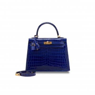 HERMÈS MASTER ELECTRIC SHINY BLUE CROCODILE KELLY 25 GOLD HARDWARE (25*17*7cm) 